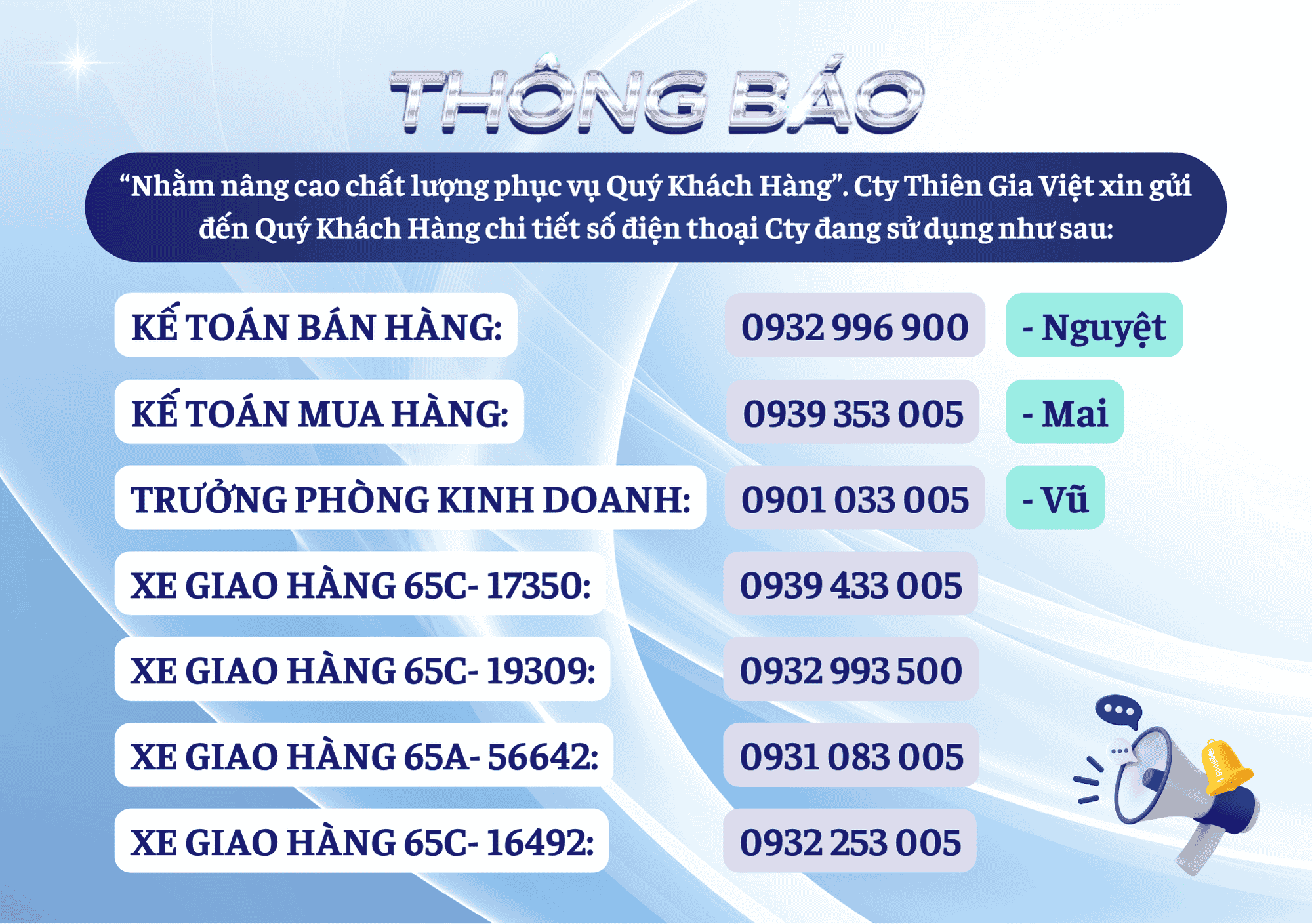 THÔNG BÁO SỐ ĐIỆN THOẠI LIÊN HỆ CỦA CÔNG TY TNHH THIÊN GIA VIỆT